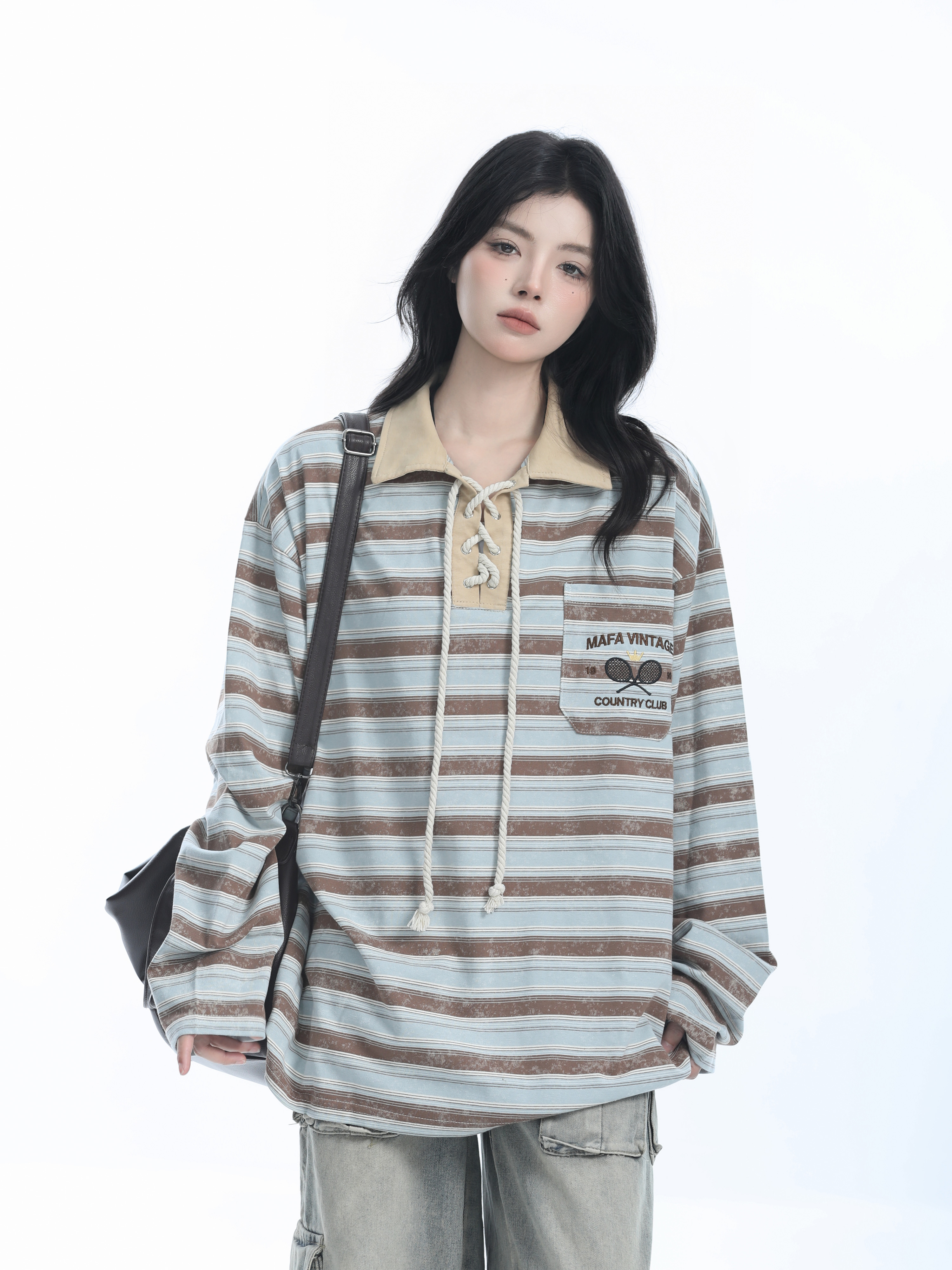 Vintage American Style Striped Oversized Long Sleeve Polo Shirt for Women - Casual Y2K Fashion Essential