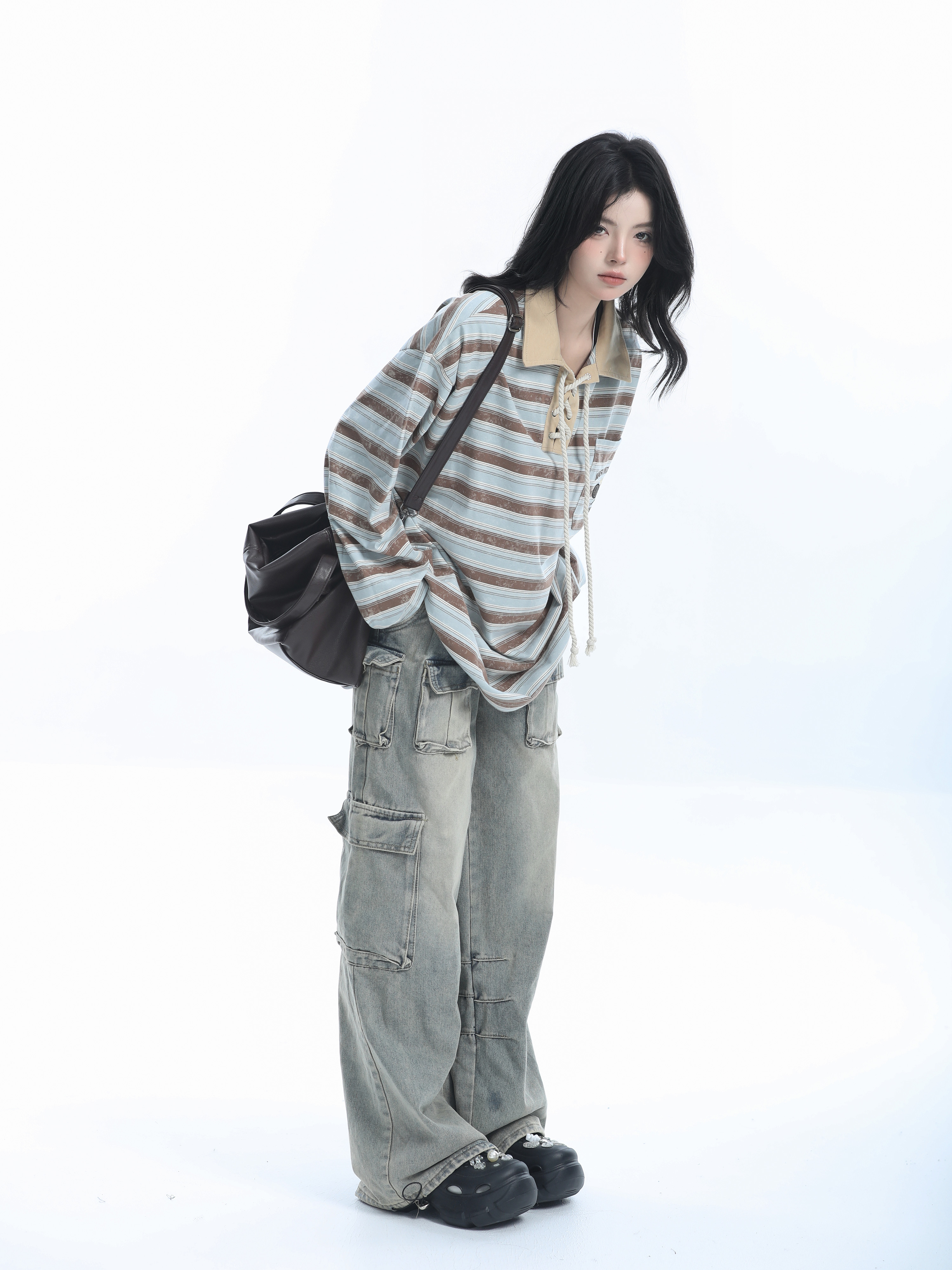 Vintage American Style Striped Oversized Long Sleeve Polo Shirt for Women - Casual Y2K Fashion Essential