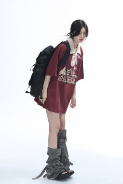 Vintage American-Style Wine Red Lace-Up Short Sleeve Polo Shirt for Women, Loose Fit Summer Top, Casual Y2K Fashion