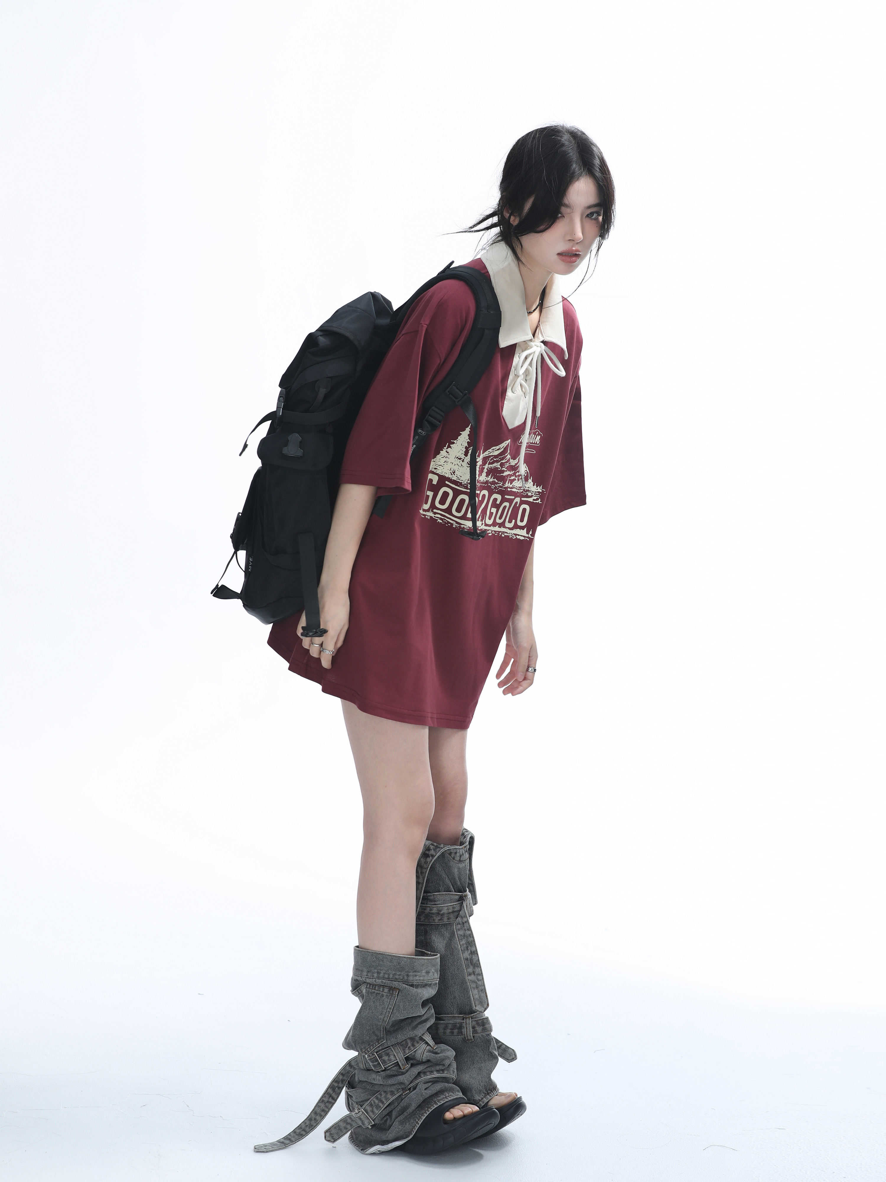 Vintage American-Style Wine Red Lace-Up Short Sleeve Polo Shirt for Women, Loose Fit Summer Top, Casual Y2K Fashion