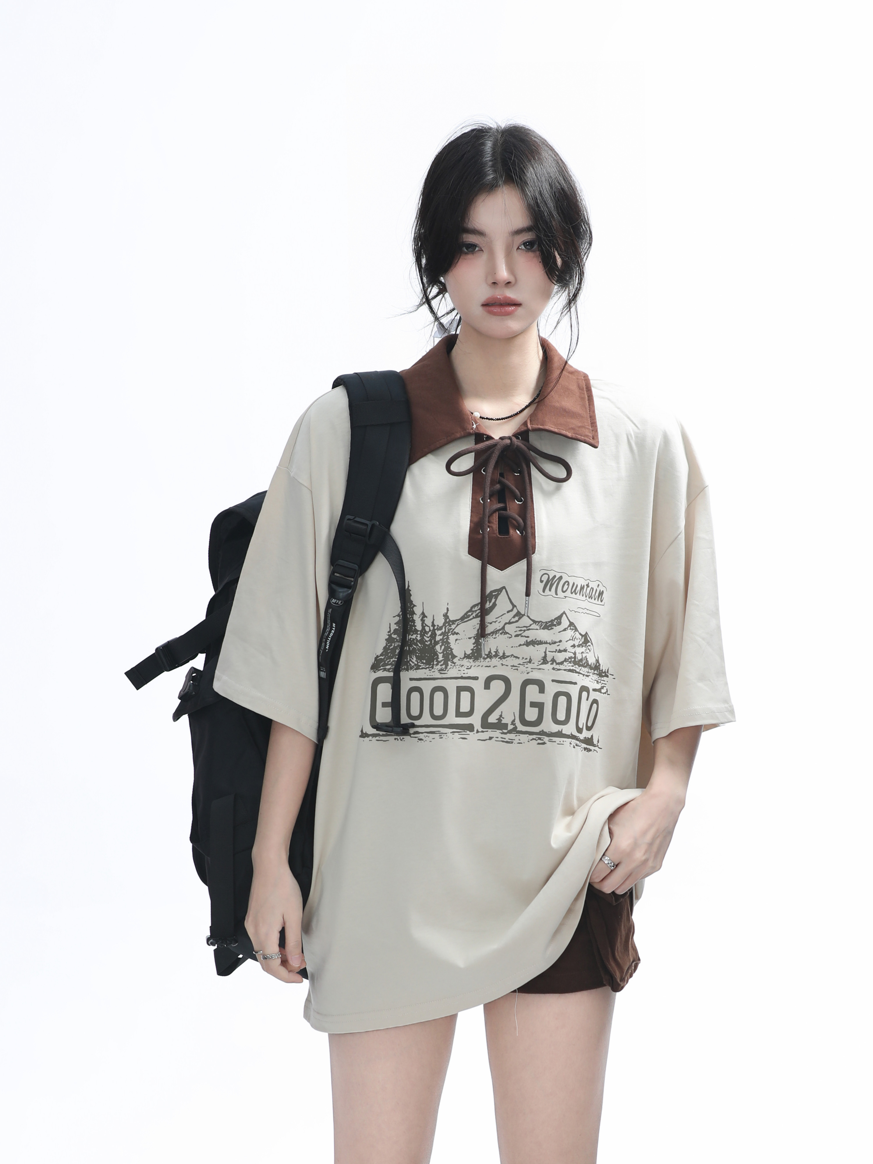 Vintage American-Style Wine Red Lace-Up Short Sleeve Polo Shirt for Women, Loose Fit Summer Top, Casual Y2K Fashion