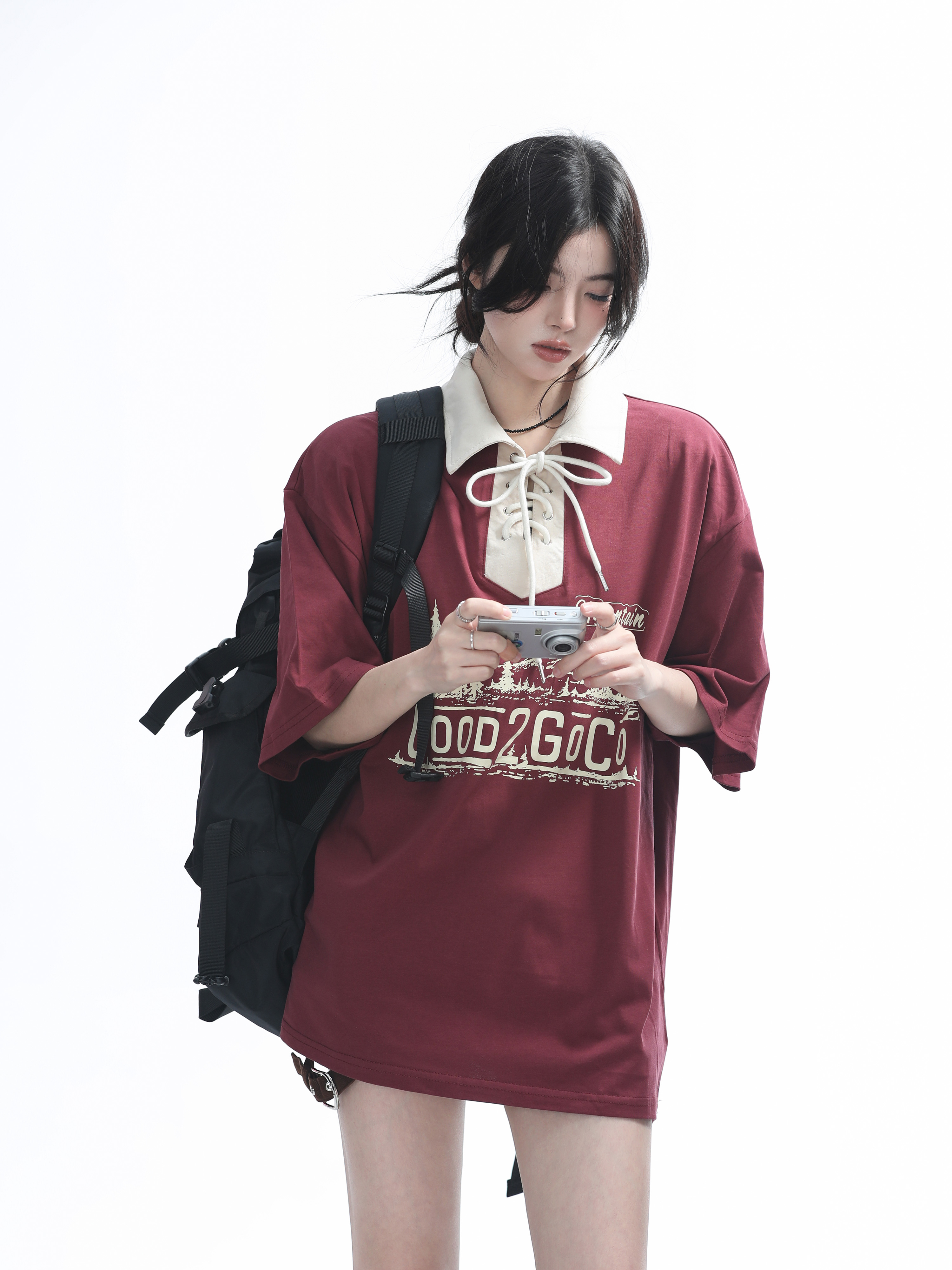 Vintage American-Style Wine Red Lace-Up Short Sleeve Polo Shirt for Women, Loose Fit Summer Top, Casual Y2K Fashion