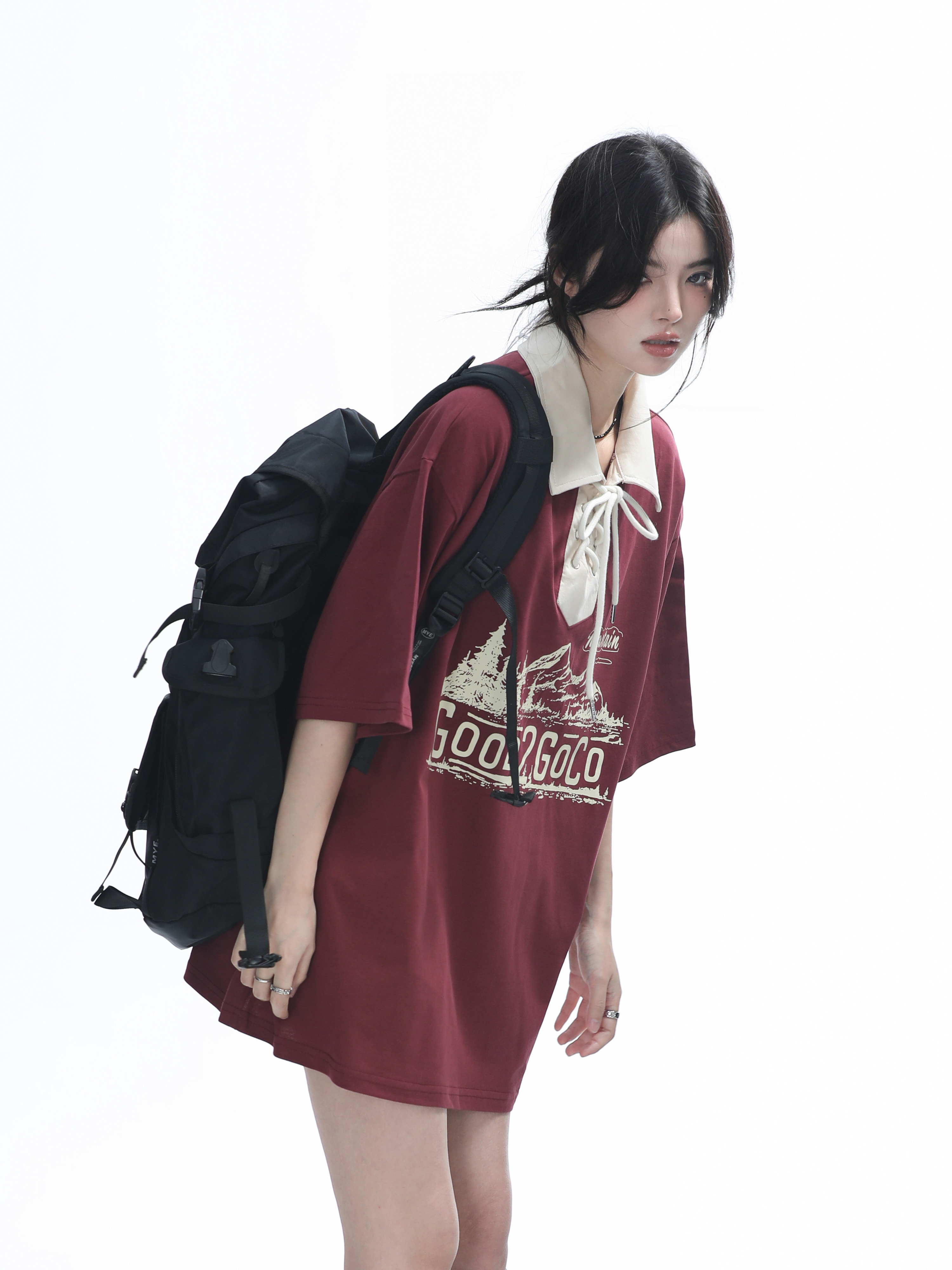 Vintage American-Style Wine Red Lace-Up Short Sleeve Polo Shirt for Women, Loose Fit Summer Top, Casual Y2K Fashion