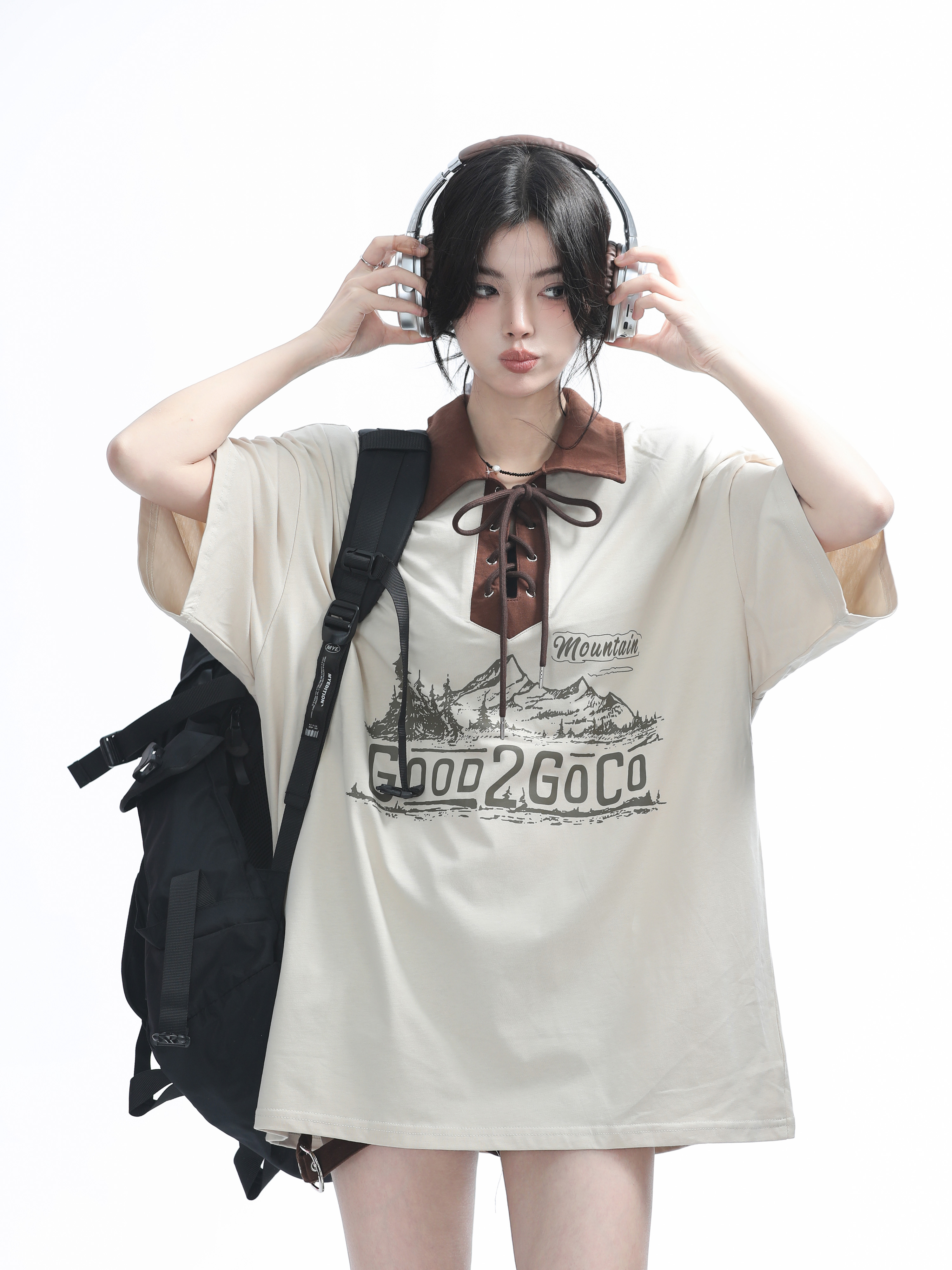 Vintage American-Style Wine Red Lace-Up Short Sleeve Polo Shirt for Women, Loose Fit Summer Top, Casual Y2K Fashion