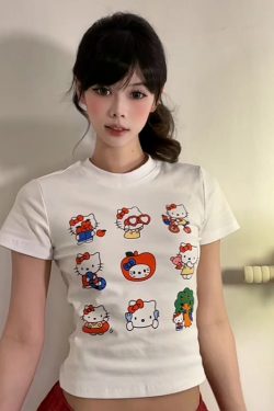 Vintage American Summer Kitty Cat Print Short-Sleeve Women's Fitted Top – Cute Round Neck Tee for a Sweet, Cool Look