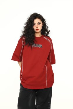 Vintage American Unisex Short Sleeve T-Shirt in Red - Trendy Loose Fit Couple Tee for Y2K Style Lovers
