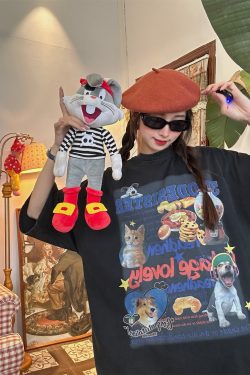 Vintage Cartoon Cat and Dog Print Short Sleeve T-Shirt, Washed Distressed Loose Fit Top for Women, Y2K Inspired Fashion