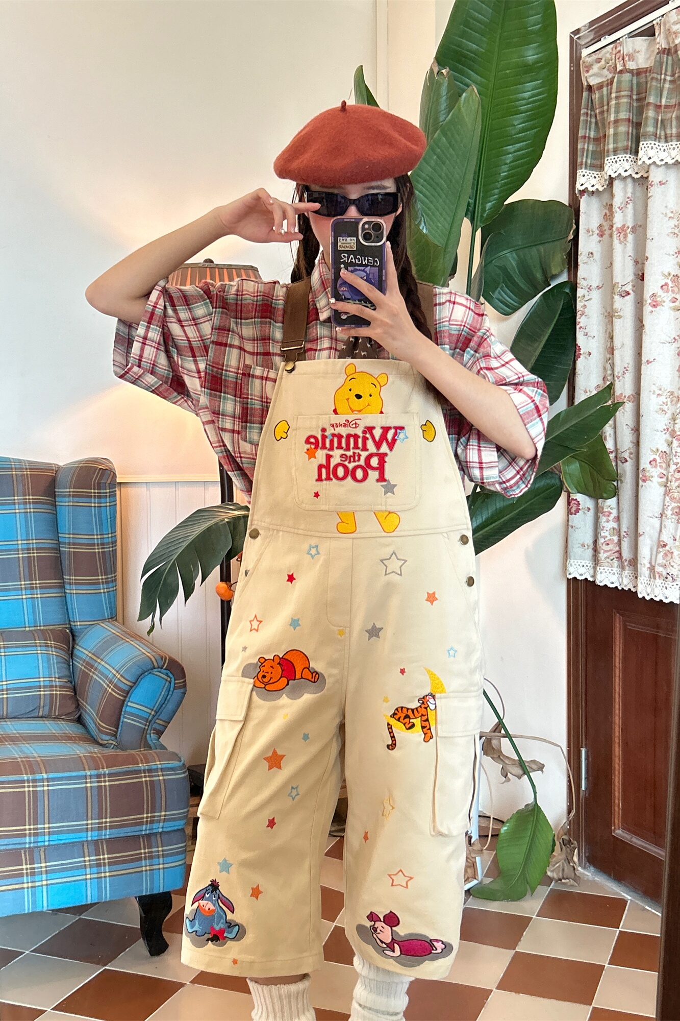 Vintage Cartoon Embroidered Work Overalls for Couples - Retro Heavy-Duty Cropped Pants for Men and Women, Y2K Casual Style