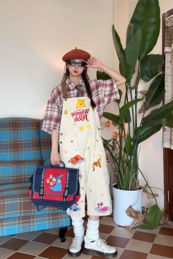 Vintage Cartoon Embroidered Work Overalls for Couples - Retro Heavy-Duty Cropped Pants for Men and Women, Y2K Casual Style
