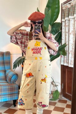 Vintage Cartoon Embroidered Work Overalls for Couples - Retro Heavy-Duty Cropped Pants for Men and Women, Y2K Casual Style
