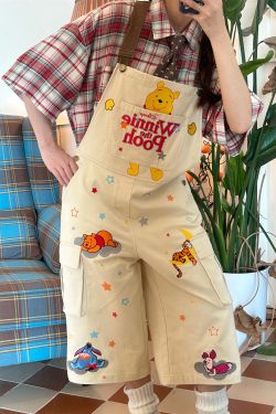 Vintage Cartoon Embroidered Work Overalls for Couples - Retro Heavy-Duty Cropped Pants for Men and Women, Y2K Casual Style