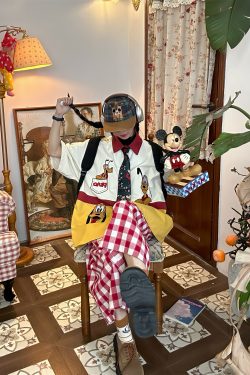 Vintage Cartoon Patchwork Short Sleeve Shirt - Handmade American Retro Style with Embroidered Pluto - Fun 90s Loose Fit Top