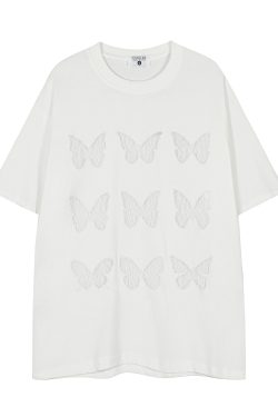 Vintage Carved Hollow Butterfly Embroidery Black Short Sleeve T-Shirt for Women - Summer Loose Fit, Y2K Ins Style