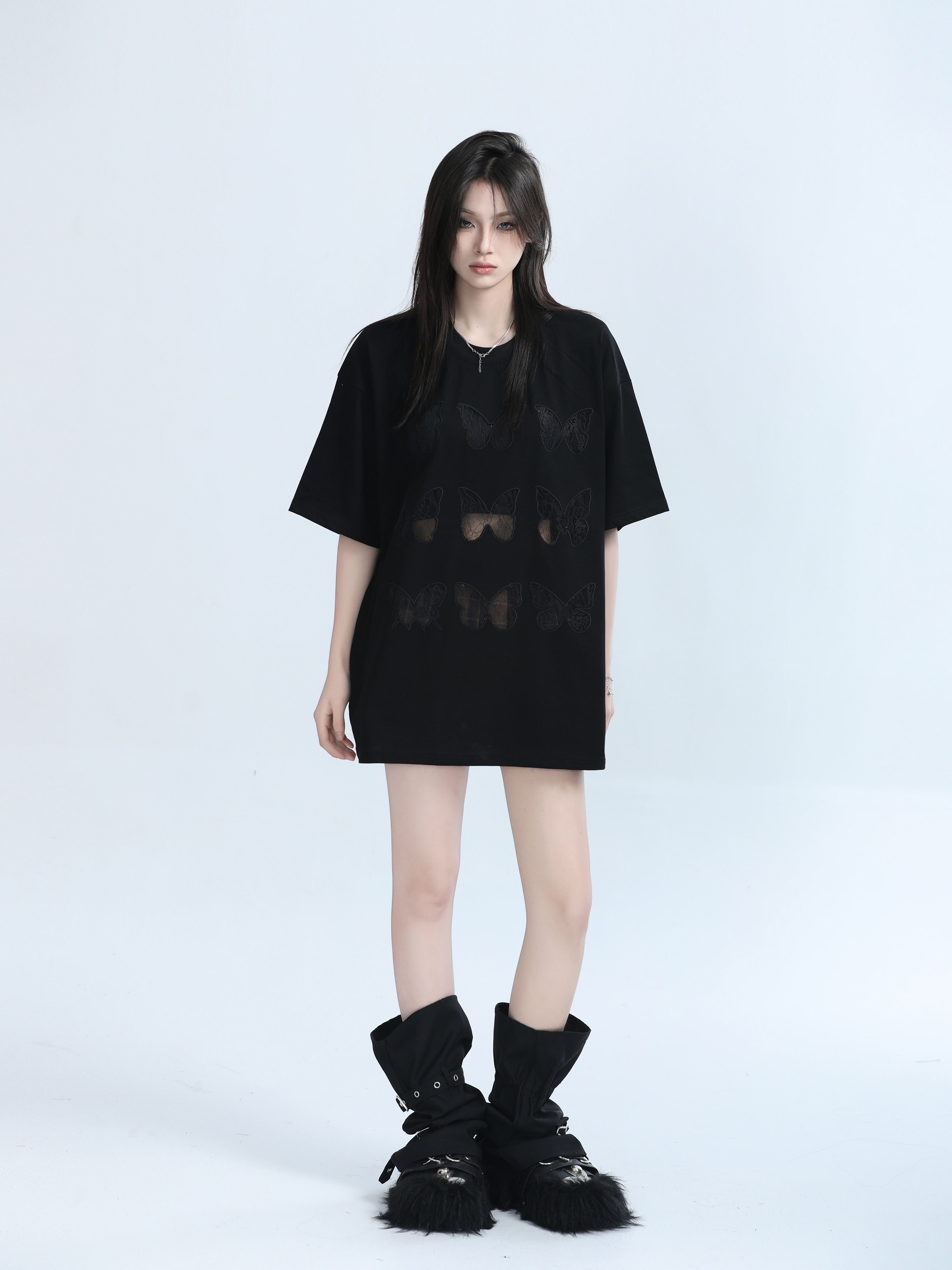 Vintage Carved Hollow Butterfly Embroidery Black Short Sleeve T-Shirt for Women - Summer Loose Fit, Y2K Ins Style