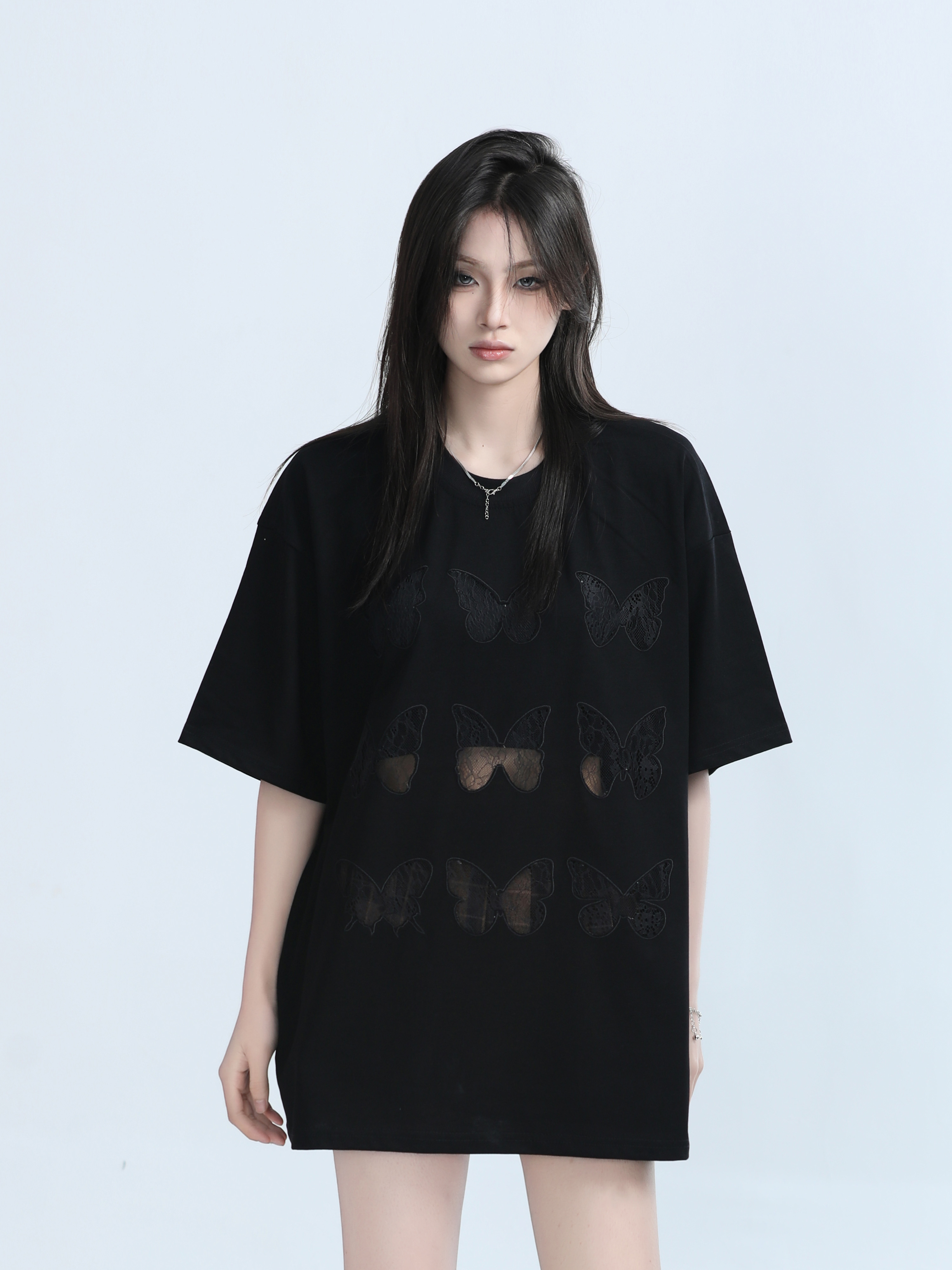 Vintage Carved Hollow Butterfly Embroidery Black Short Sleeve T-Shirt for Women - Summer Loose Fit, Y2K Ins Style