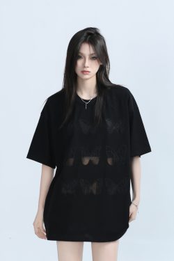 Vintage Carved Hollow Butterfly Embroidery Black Short Sleeve T-Shirt for Women - Summer Loose Fit, Y2K Ins Style