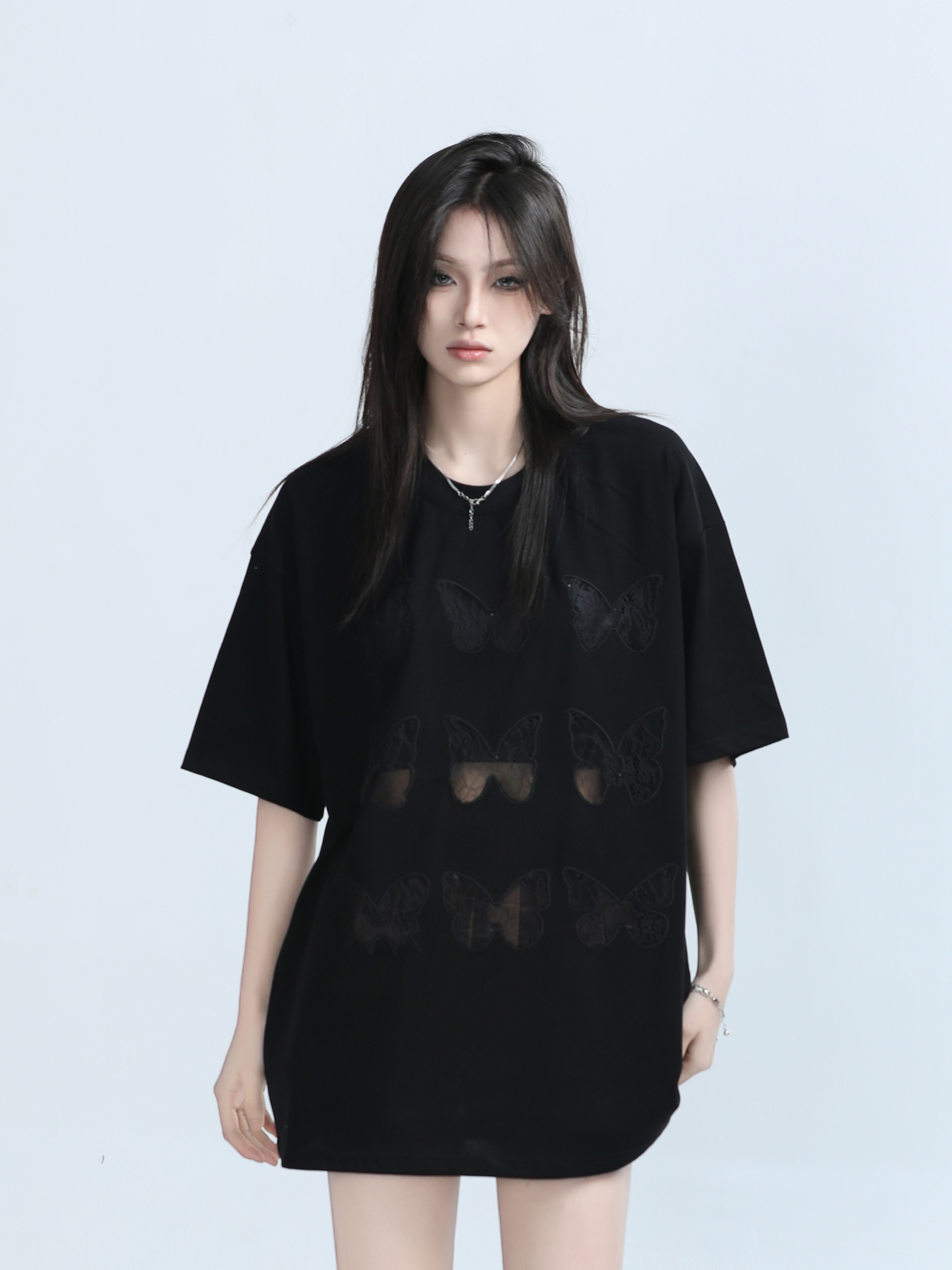 Vintage Carved Hollow Butterfly Embroidery Black Short Sleeve T-Shirt for Women - Summer Loose Fit, Y2K Ins Style