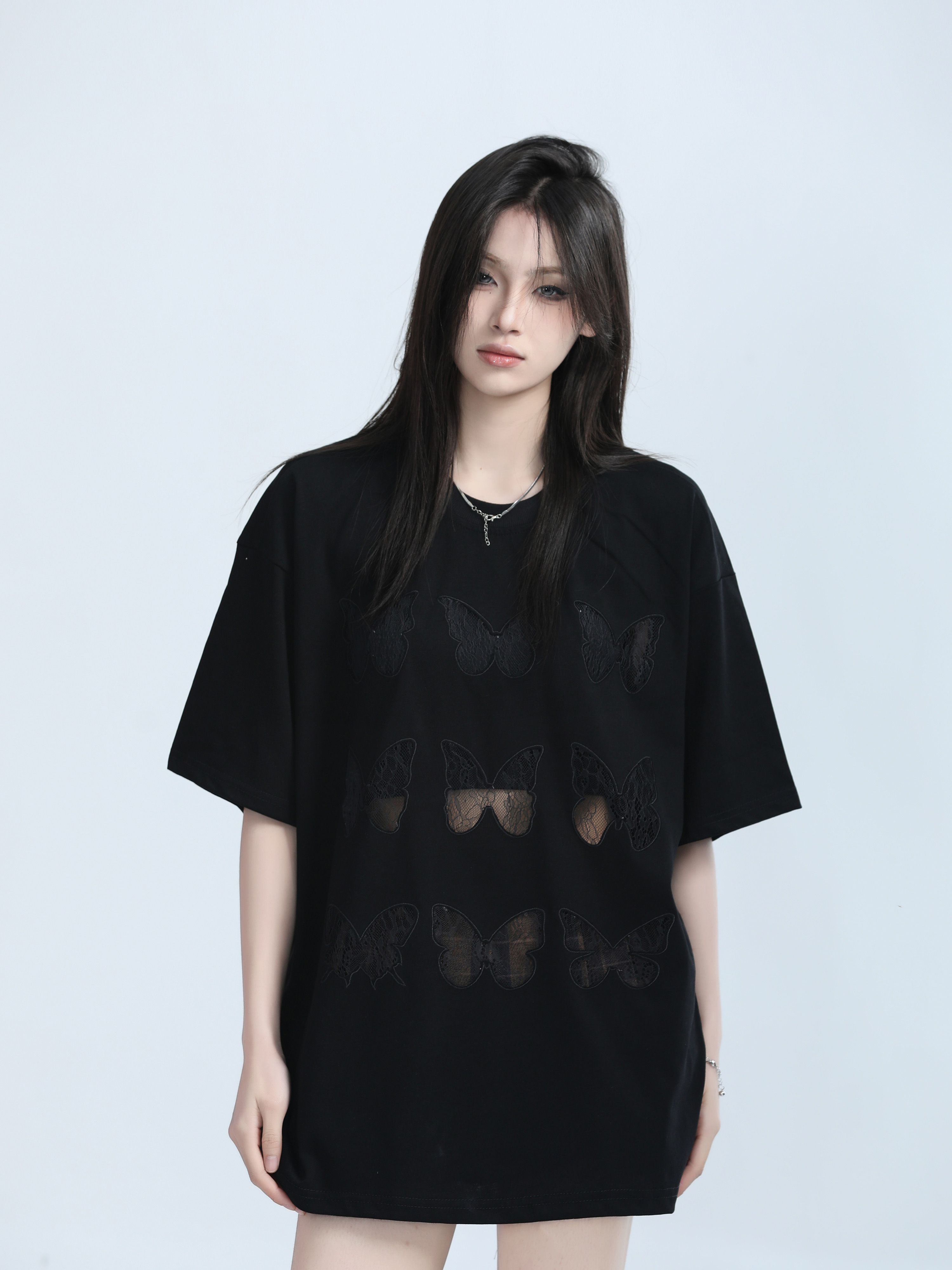 Vintage Carved Hollow Butterfly Embroidery Black Short Sleeve T-Shirt for Women - Summer Loose Fit, Y2K Ins Style