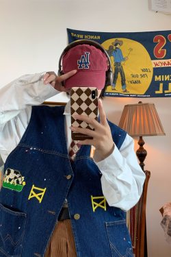 Vintage Cow Print Denim Vest - Handmade Retro Gilet for Autumn, Versatile Loose Fit, Y2K Inspired Fashion