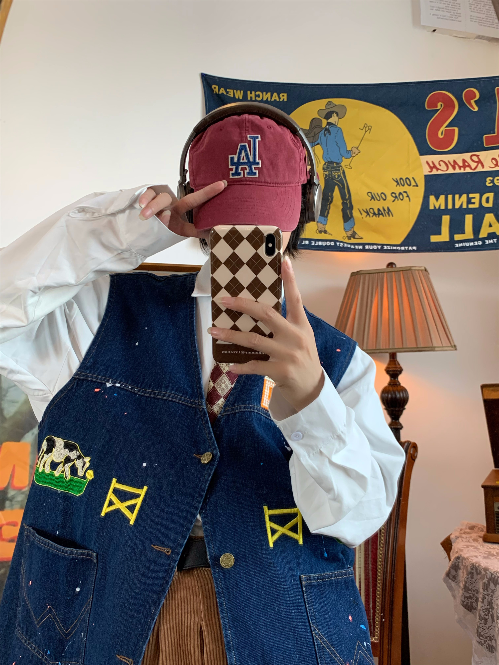 Vintage Cow Print Denim Vest - Handmade Retro Gilet for Autumn, Versatile Loose Fit, Y2K Inspired Fashion