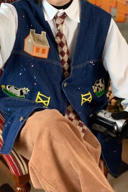 Vintage Cow Print Denim Vest - Handmade Retro Gilet for Autumn, Versatile Loose Fit, Y2K Inspired Fashion