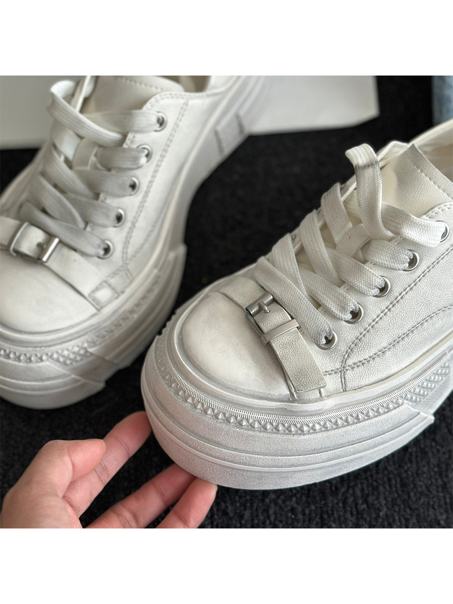 Vintage Cowhide Thick-Soled White Lace-Up Casual Sports Shoes for Petite Sizes - Versatile Canvas Style