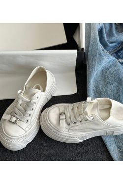 Vintage Cowhide Thick-Soled White Lace-Up Casual Sports Shoes for Petite Sizes - Versatile Canvas Style