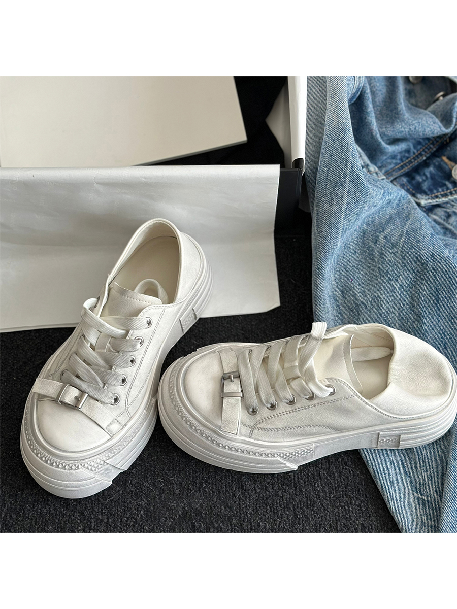 Vintage Cowhide Thick-Soled White Lace-Up Casual Sports Shoes for Petite Sizes - Versatile Canvas Style