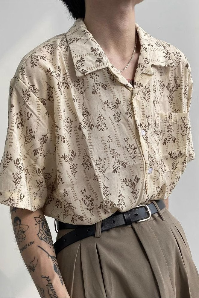 Vintage Cuban Collar Short Sleeve Shirt for Men and Women, Retro Floral Summer Beach Shirt, Japanese Style, Loose Fit
