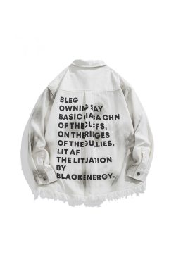 Vintage Distressed Letter Print Long Sleeve Frayed Shirt - Unisex Relaxed Fit Streetwear Jacket