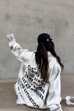 Vintage Distressed Letter Print Long Sleeve Frayed Shirt - Unisex Relaxed Fit Streetwear Jacket