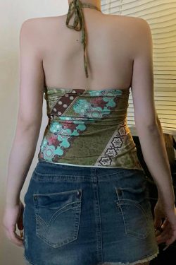 Vintage Elements Irregular Pattern Neckline Backless Women's Tank Top with Round Ring Buckle - Y2K Inspired Fashion