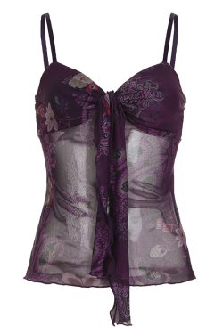 Vintage Ethnic Style Totem Mesh Camisole with Twisted Knot, Flowing Straps, and Low Neckline - Retro Fitted Waist Vest for Y2K Fashion