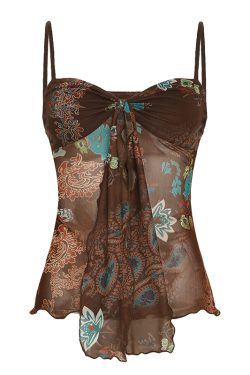 Vintage Ethnic Style Totem Mesh Camisole with Twisted Knot, Flowing Straps, and Low Neckline - Retro Fitted Waist Vest for Y2K Fashion