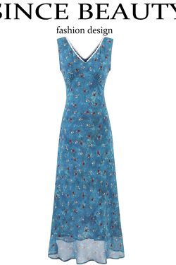Vintage Floral Blue Dress for Women - Waist-Defined Summer Vacation Style - 2025 French Inspired Long Dress