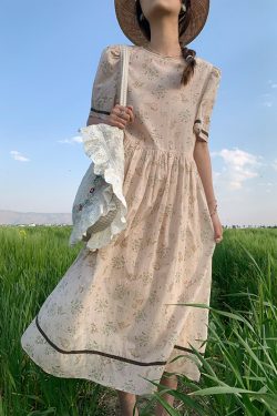 Vintage Floral Dress for Women - Retro Forest Style Loose Short Sleeve Cotton Long Dress for Summer, Boho Chic 90s Look