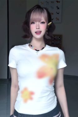 Vintage Floral Print Shoulder T-Shirt for Women, White Summer Short Sleeve Slim Fit Top, Sexy 90s Style