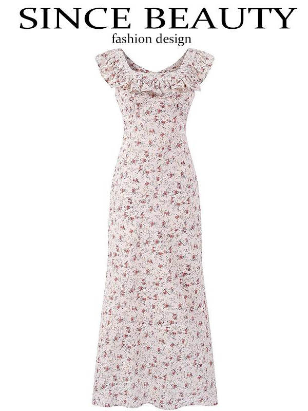 Vintage Floral Ruffle Tea Dress for Women - 2025 Summer Vacation Style, French Design, Perfect for 90s and Y2K Fashion Lovers
