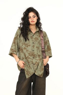 Vintage Floral Short Sleeve Shirt for Women - Retro American Style, Loose Fit, Trendy Summer Top, 90s Inspired Fashion