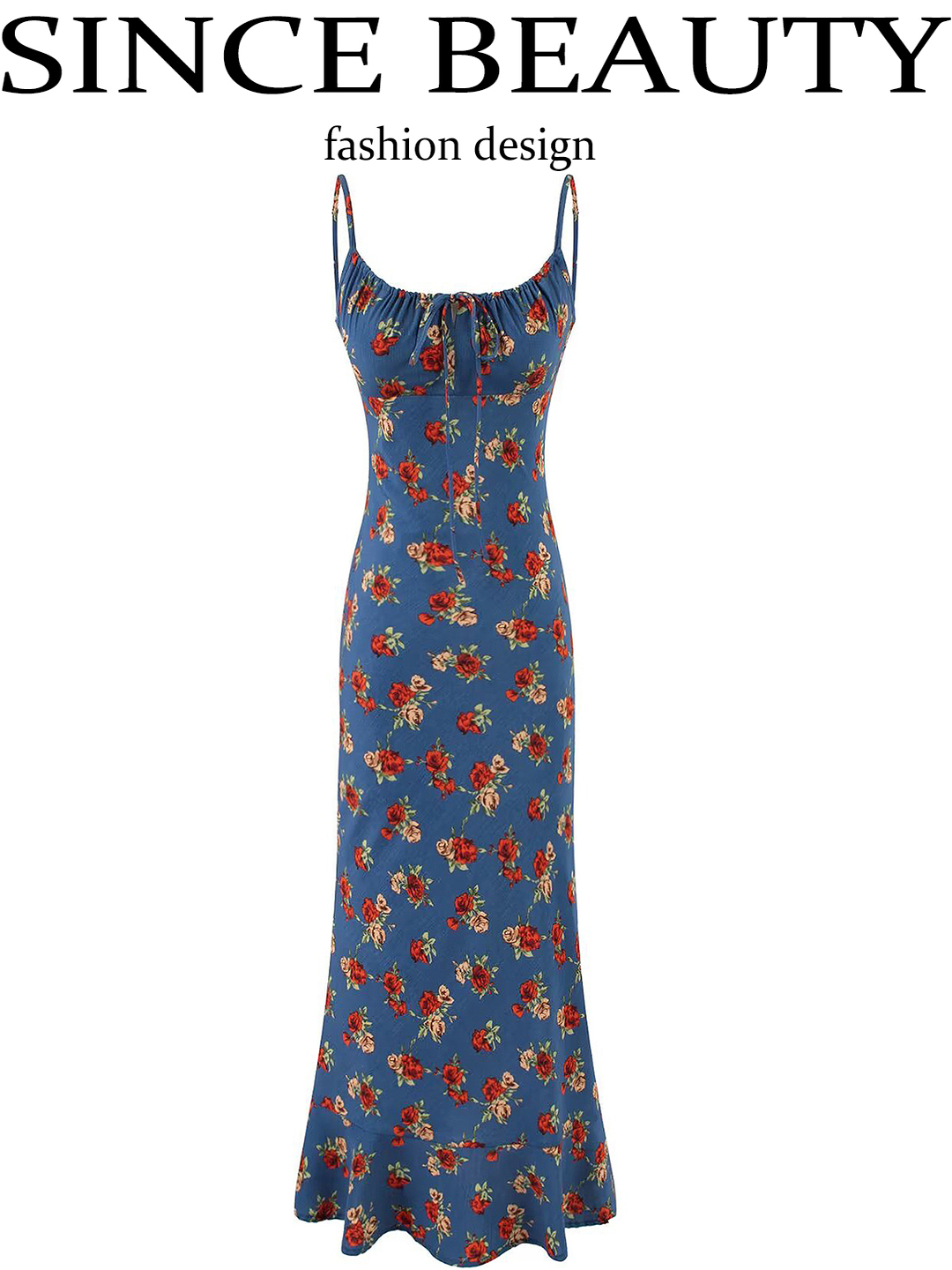 Vintage French Blue Printed Cami Dress for Women - 2025 Summer Resort Long Dress - Boho Style, Casual, Elegant Fashion
