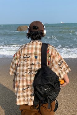 Vintage Graffiti Checkered Short Sleeve Shirt for Men and Women - Summer 90s Half Sleeve Top