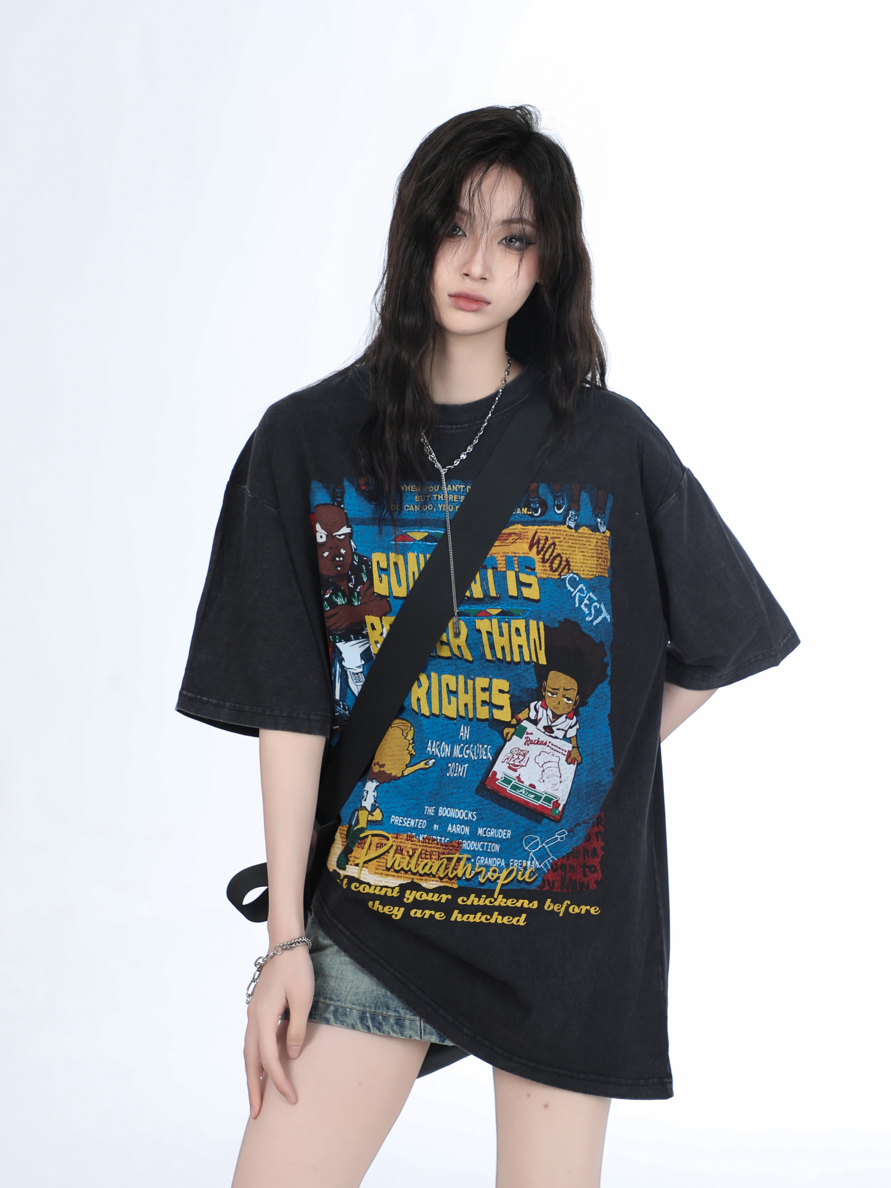 Vintage Gray Heavy-Duty Short Sleeve T-Shirt for Women – Loose Fit American High Street Summer Top Trend