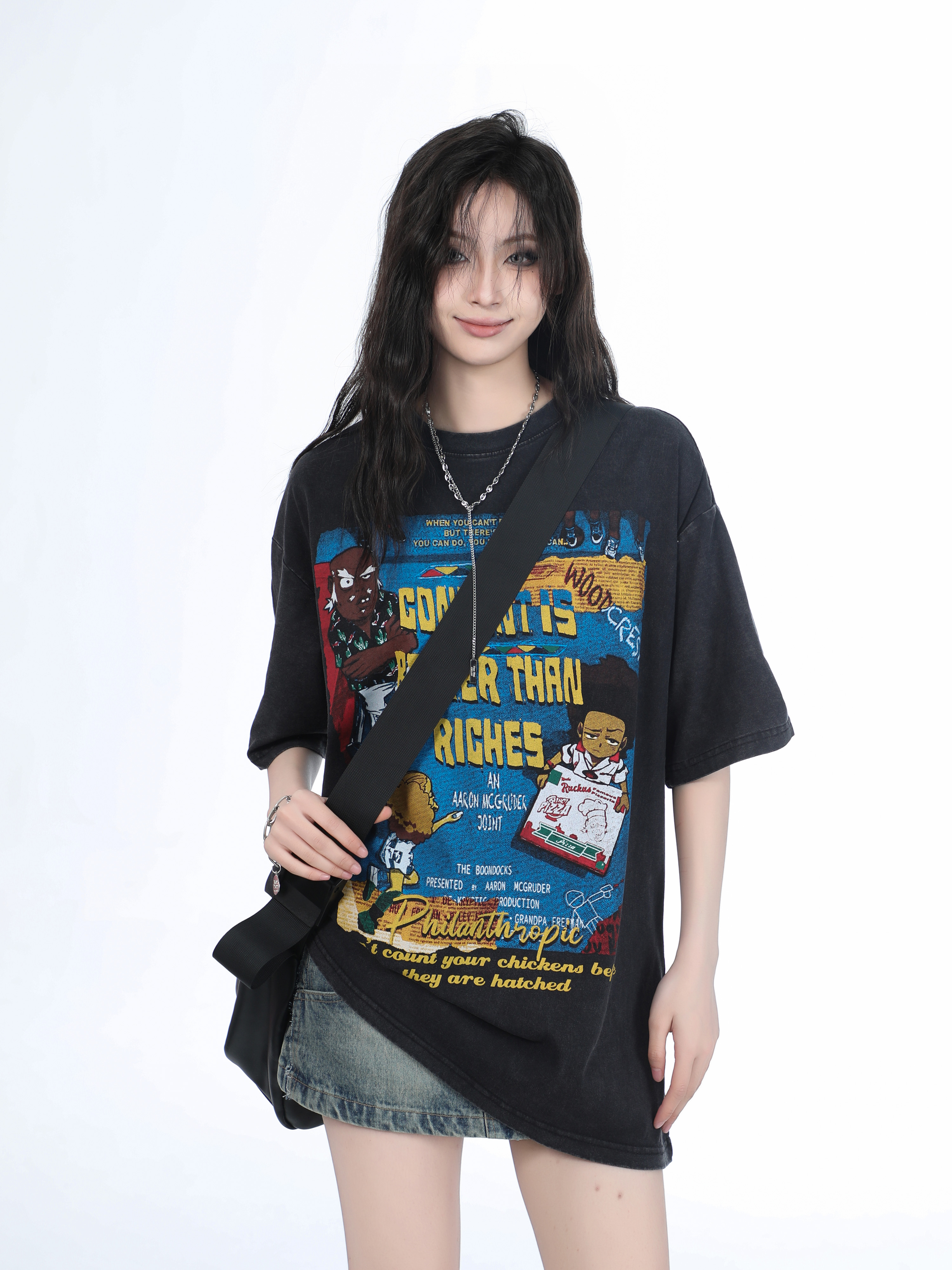 Vintage Gray Heavy-Duty Short Sleeve T-Shirt for Women – Loose Fit American High Street Summer Top Trend