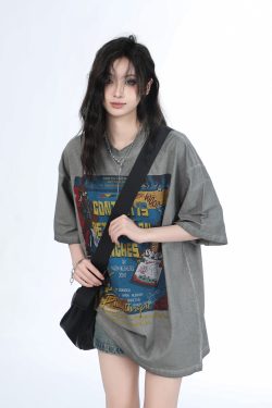 Vintage Gray Heavy-Duty Short Sleeve T-Shirt for Women – Loose Fit American High Street Summer Top Trend