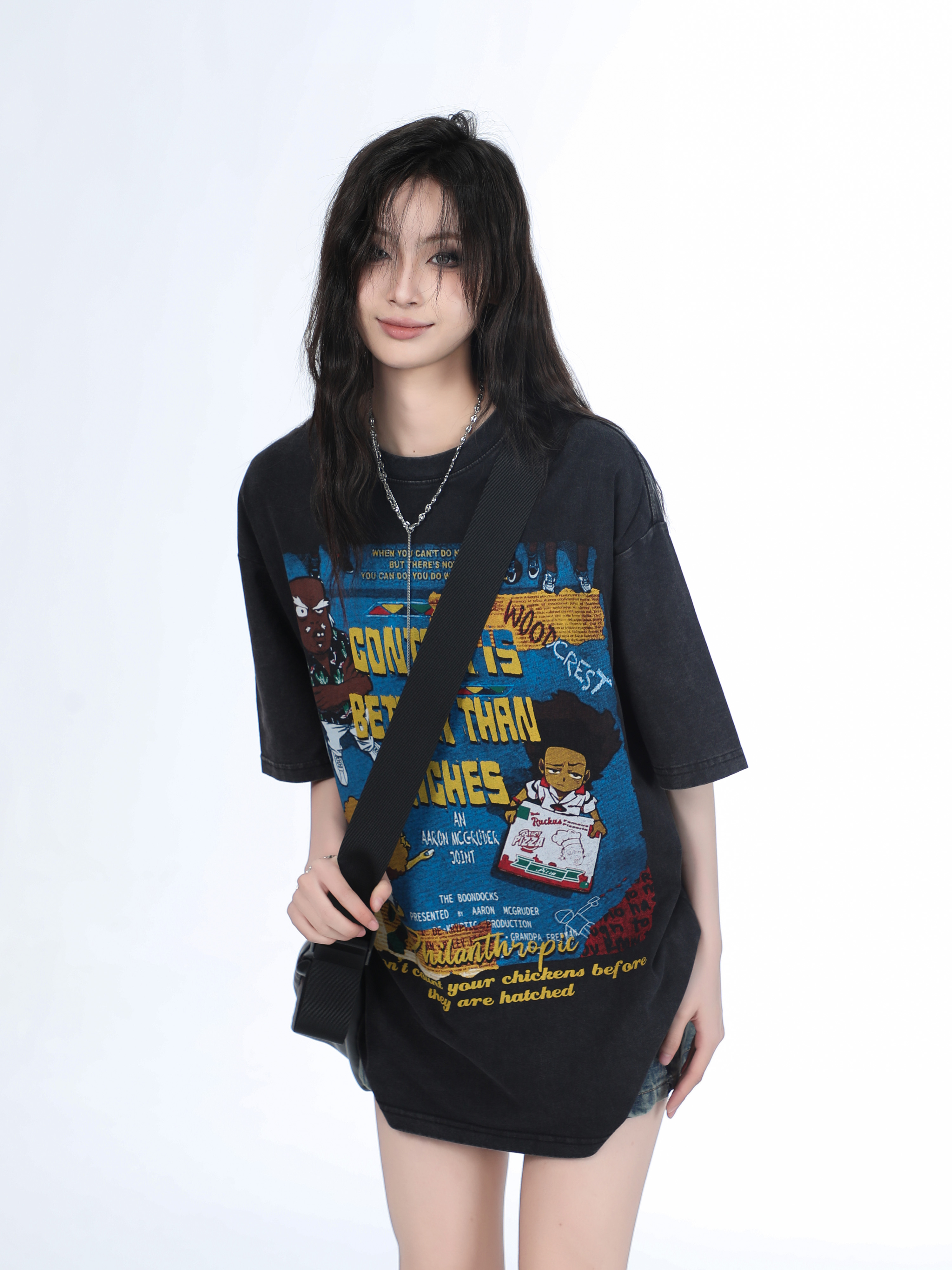 Vintage Gray Heavy-Duty Short Sleeve T-Shirt for Women – Loose Fit American High Street Summer Top Trend