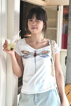 Vintage Hand-Painted Print V-Neck Cropped T-Shirt for Women - American Style Short Sleeve Slim Fit Summer Top