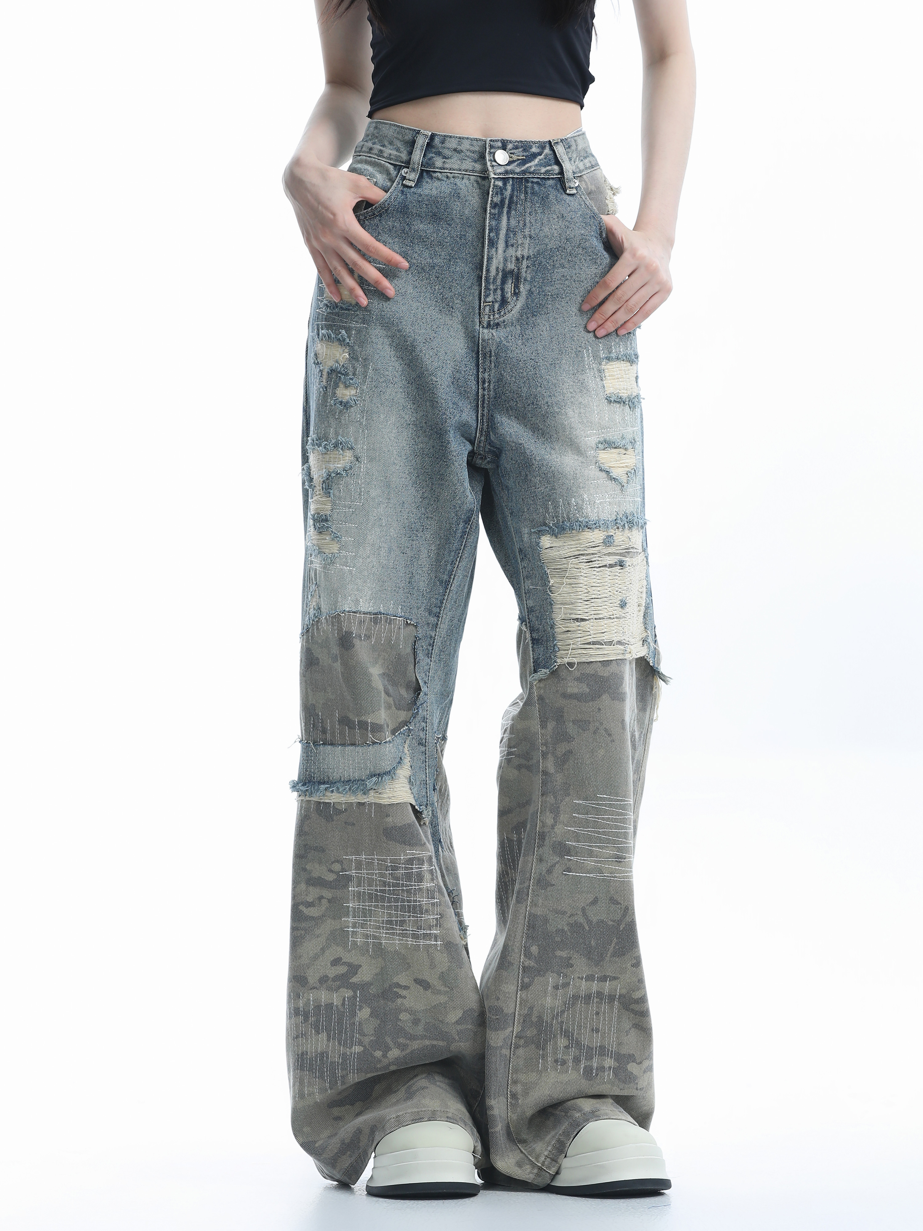 Vintage High Street Wide-Leg Ripped Camouflage Jeans for Women - Heavy-Duty Patchwork Floor-Length Pants, 90s Inspired Fashion