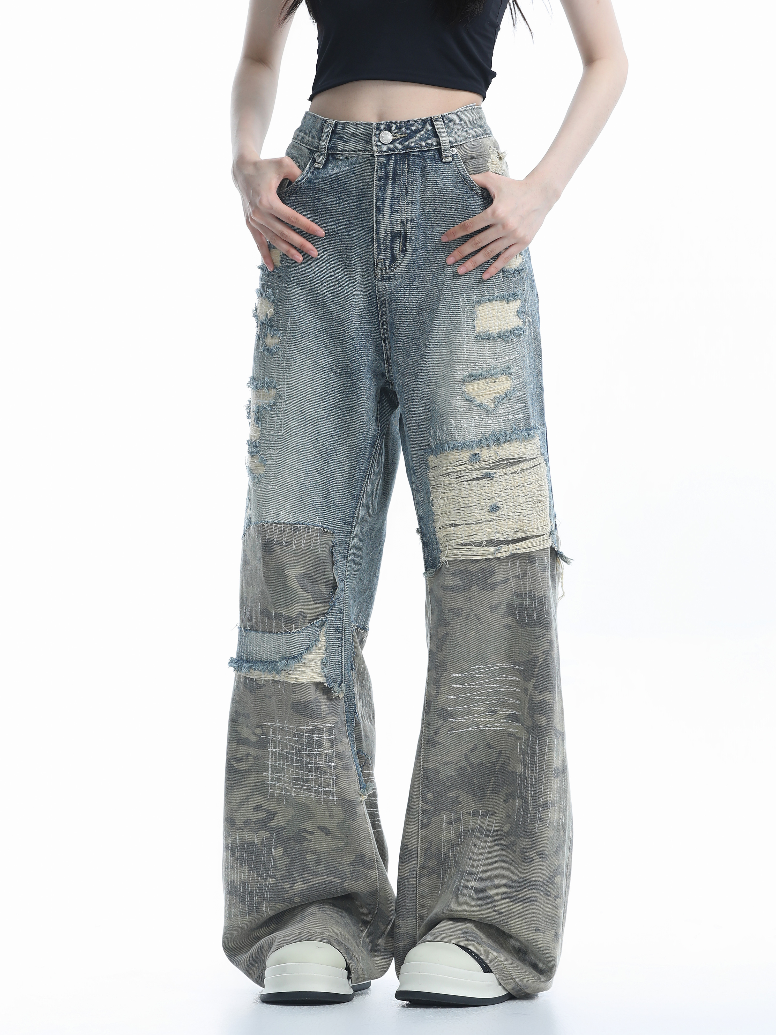 Vintage High Street Wide-Leg Ripped Camouflage Jeans for Women - Heavy-Duty Patchwork Floor-Length Pants, 90s Inspired Fashion
