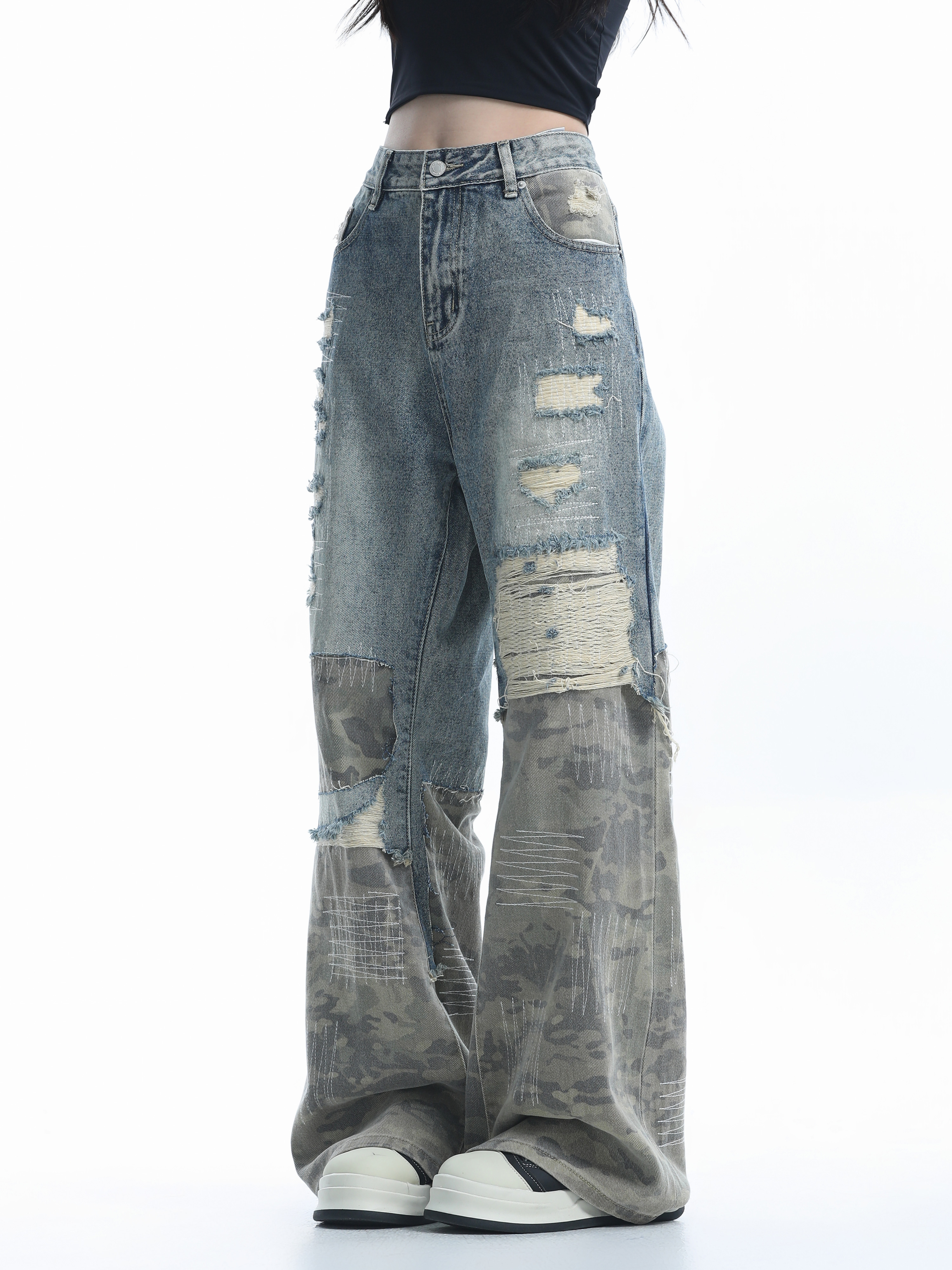 Vintage High Street Wide-Leg Ripped Camouflage Jeans for Women - Heavy-Duty Patchwork Floor-Length Pants, 90s Inspired Fashion