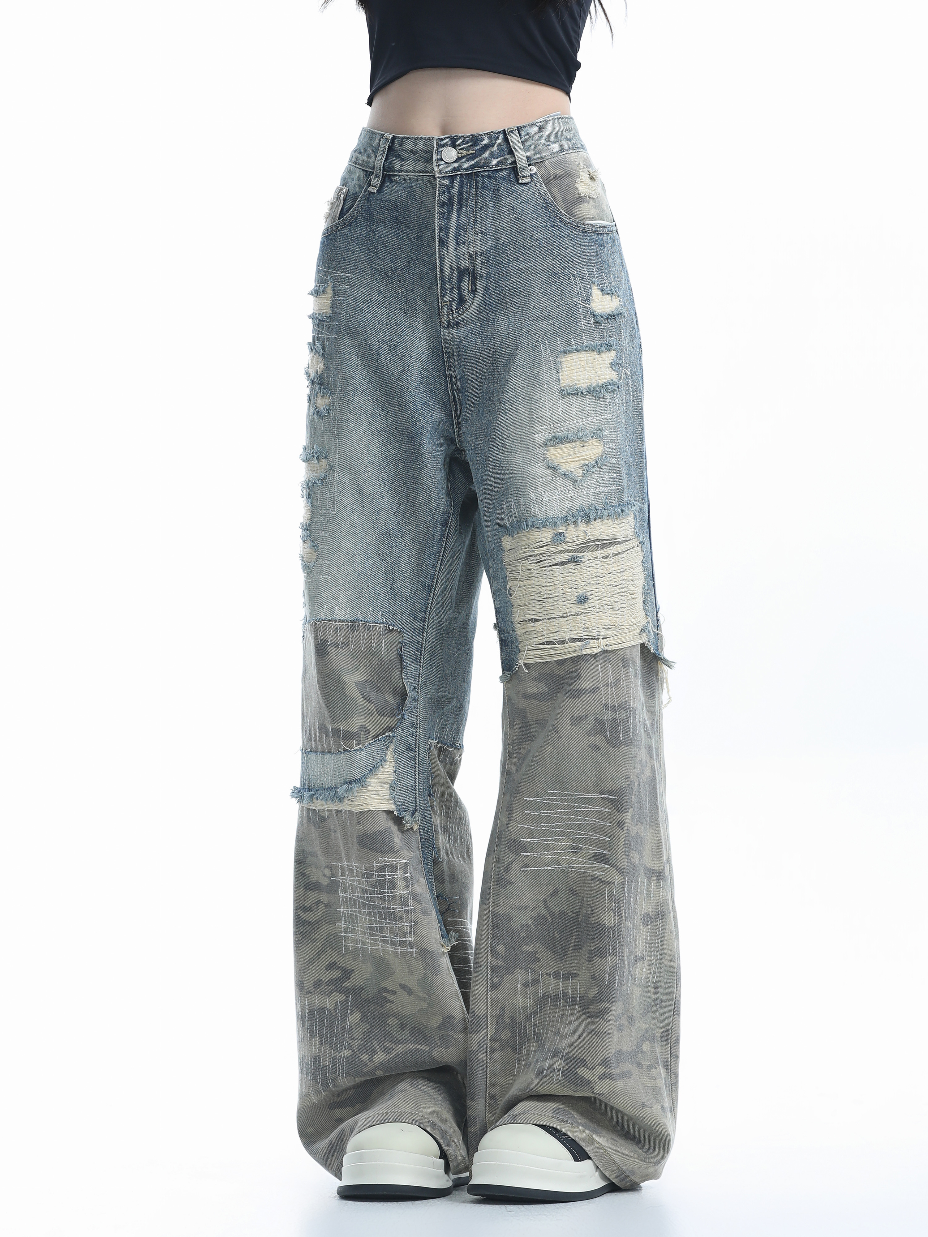 Vintage High Street Wide-Leg Ripped Camouflage Jeans for Women - Heavy-Duty Patchwork Floor-Length Pants, 90s Inspired Fashion